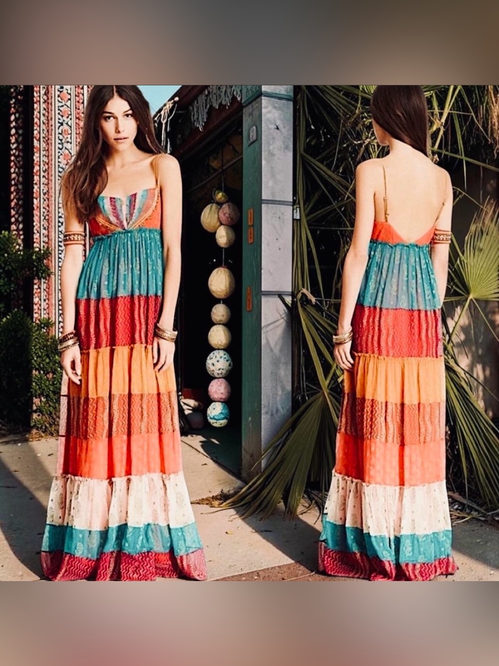 Rare Free People Gilded Caravan Sari Silk Tiered Maxi Dress Multicolor Boho 6